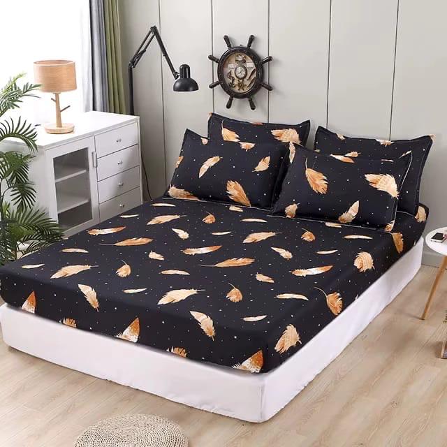Black & Golden Feather Printed Bedsheet Set